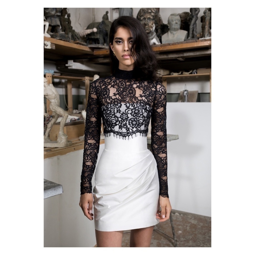 Rasario Silk Lace Corset Mini Dress Long Sleeve Black White Fr 42 Us 10 — image 5 of 8